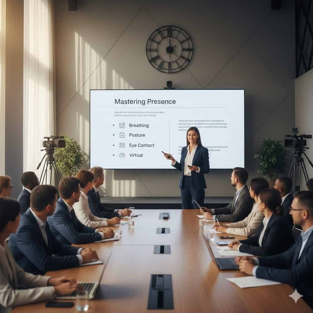 Businesswoman presenting leadership skills to professionals in a conference room.