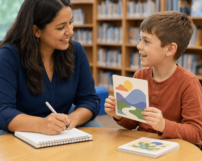 Children in a school library working on language and communication skills with a speech therapist