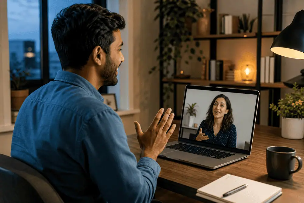 Adult working with an SLP on accent coaching online