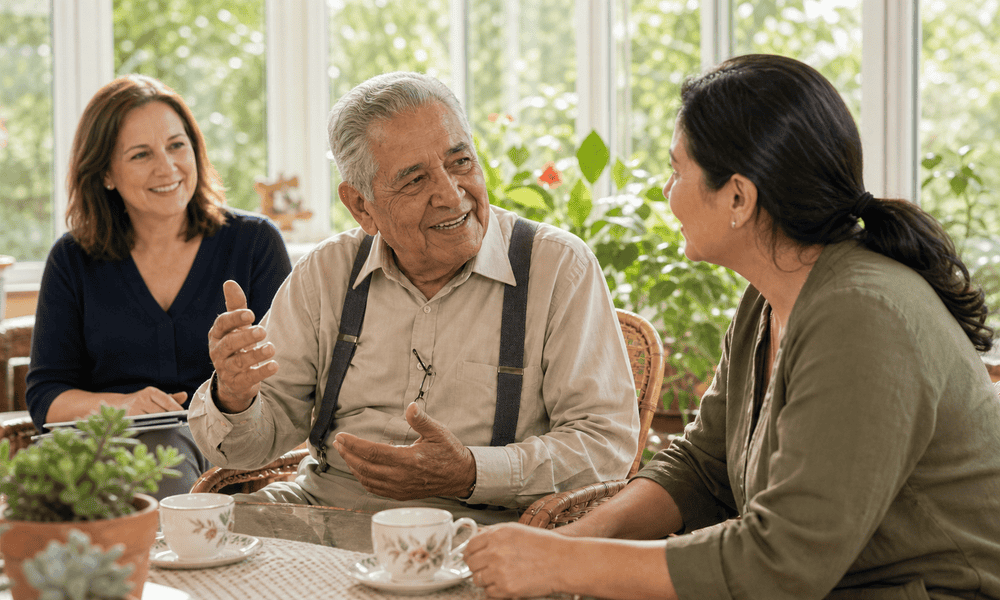 Elderly man receiving speech therapy from a professional in a warm, inviting setting.