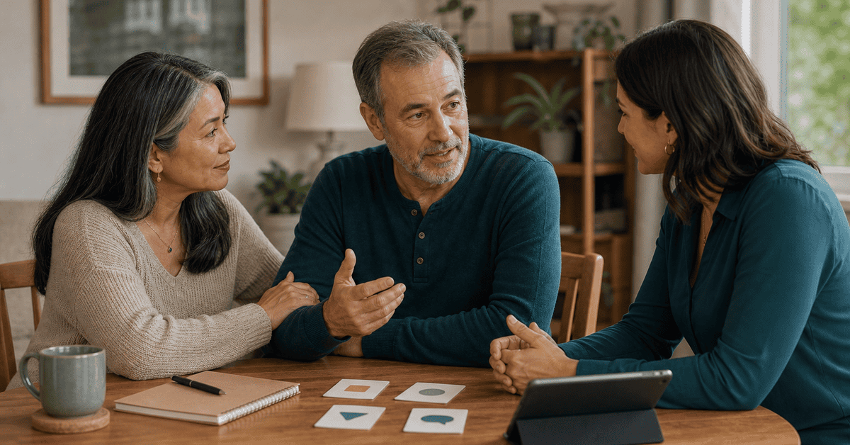Adult client with family member and Speech-Language Pathologist at a kitchen table with communication materials