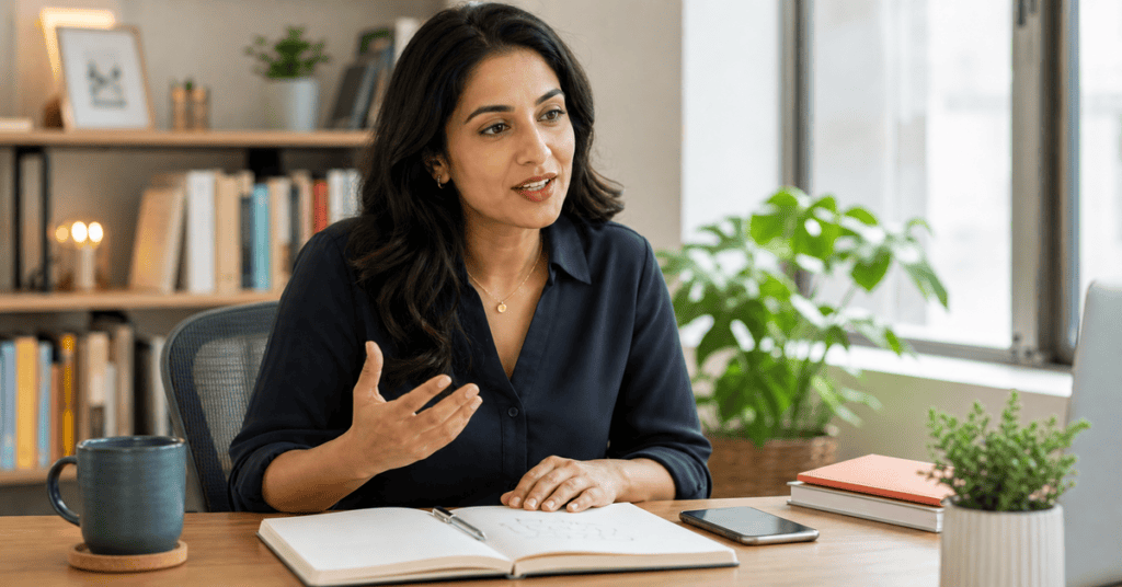 Speech therapist consulting with a client in a bright, modern office setting.