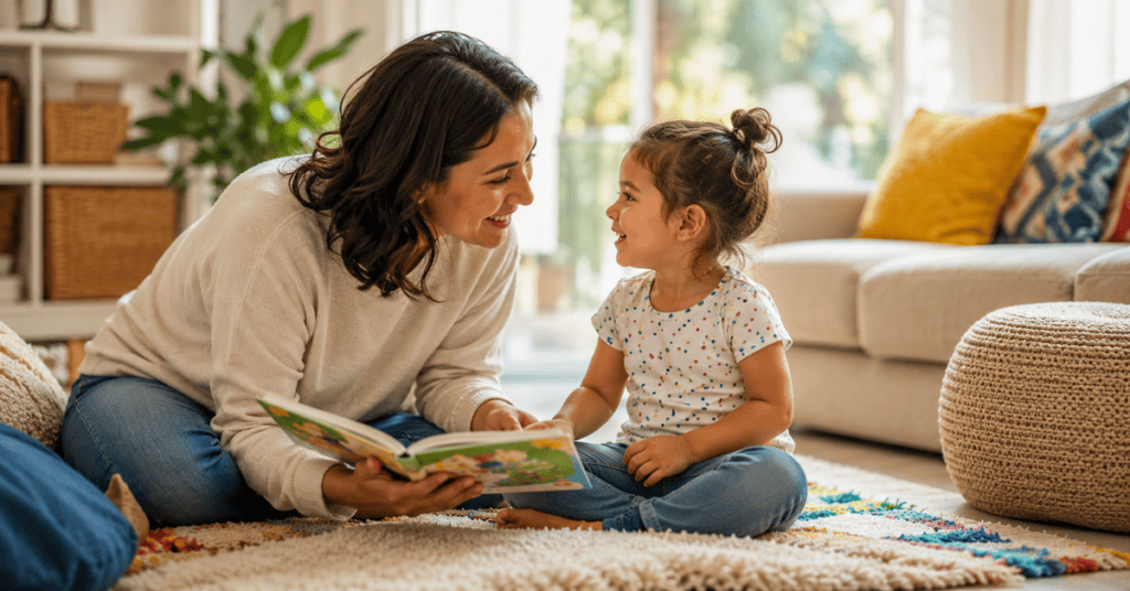 Child and therapist engaging in speech therapy at home.