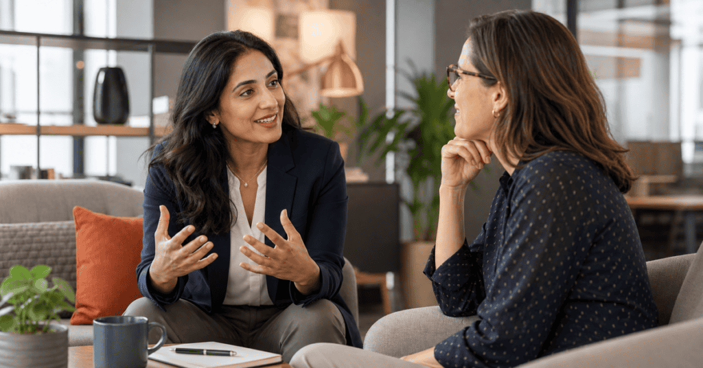 Two women engaged in a speech therapy session in a cozy, modern office setting.