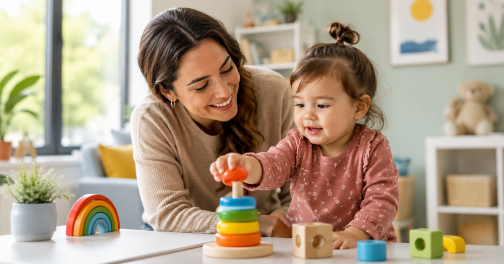 Young child working with a speech therapist in a warm community setting in BC