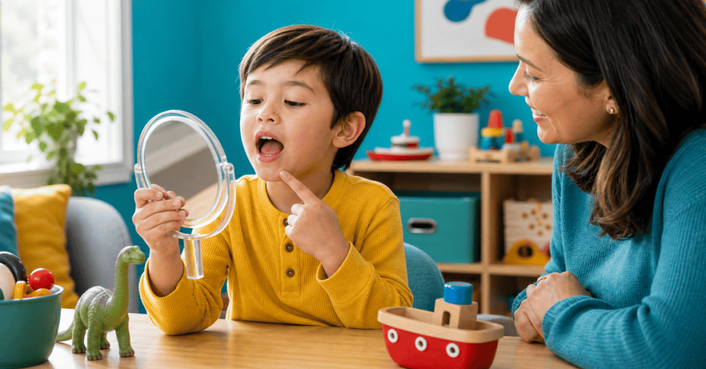 Young boy practicing speech with mirror during speech therapy session.