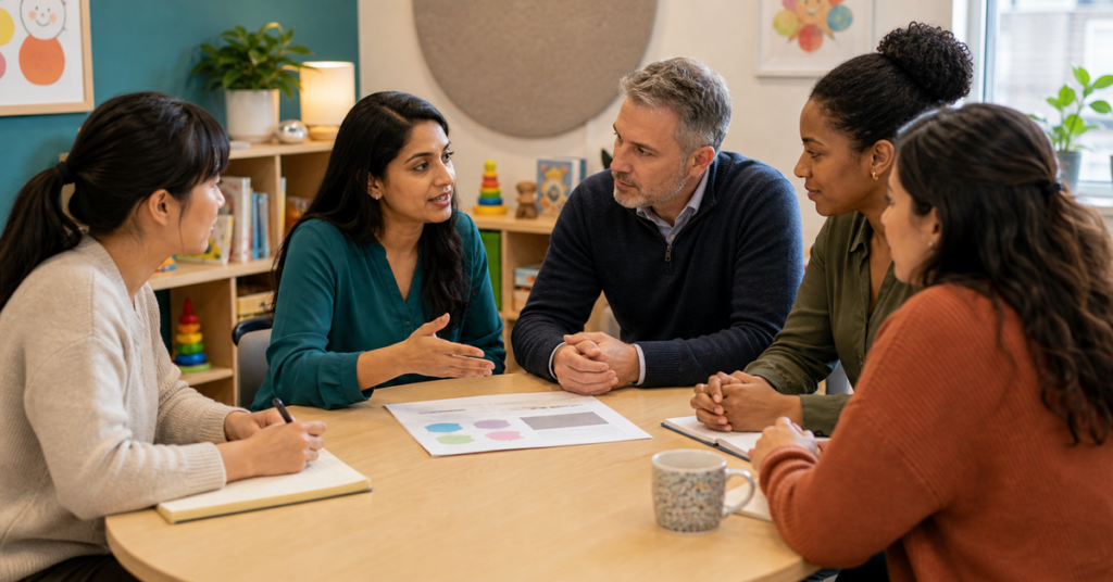 Two or three professionals in relaxed, collaborative conversation around a warm meeting table.