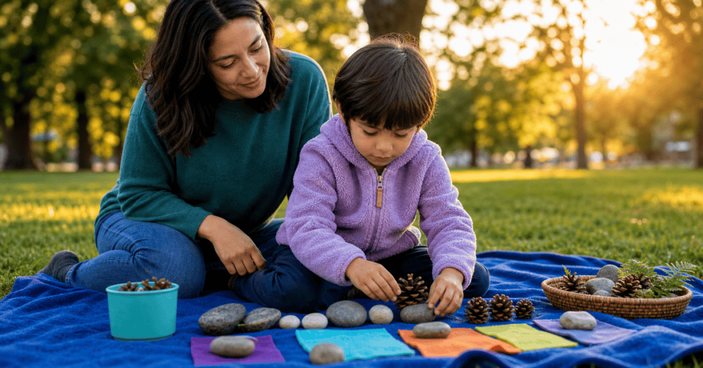 Speech therapy session outdoors with a child and therapist.