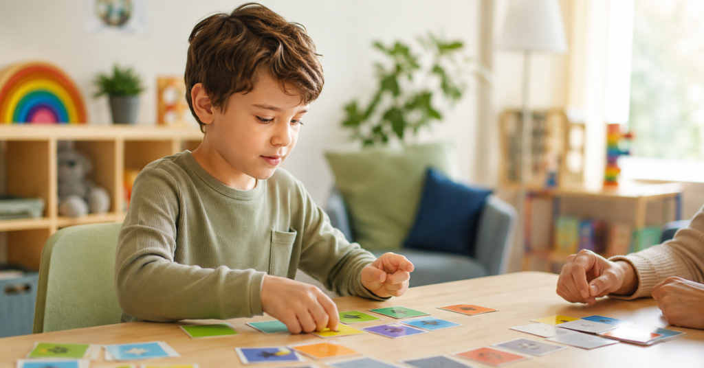 Child working on an engaging activity with a supportive speech therapist