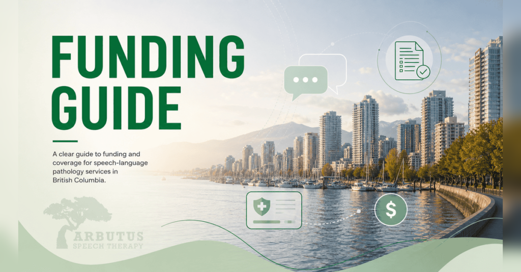 A parent reviewing funding options for speech-language pathology services in BC at a bright home desk.