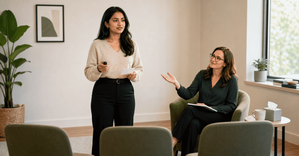 Speech therapist conducting a session with a client in a modern therapy room.