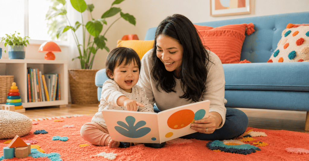 Young girl and woman engaging in speech therapy activity at home.
