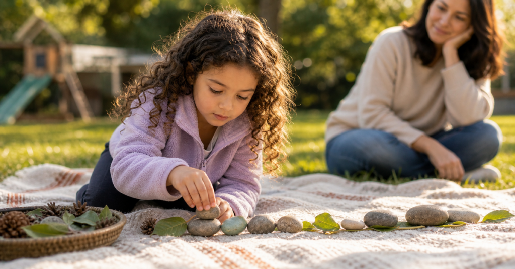 A young child absorbed in focused independent play in a warm, natural home setting.