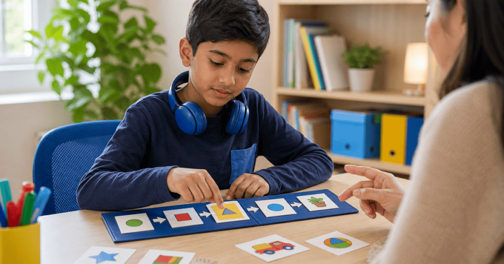 Child engaging in speech therapy with visual flashcards and a therapist in a bright, welcoming offic.