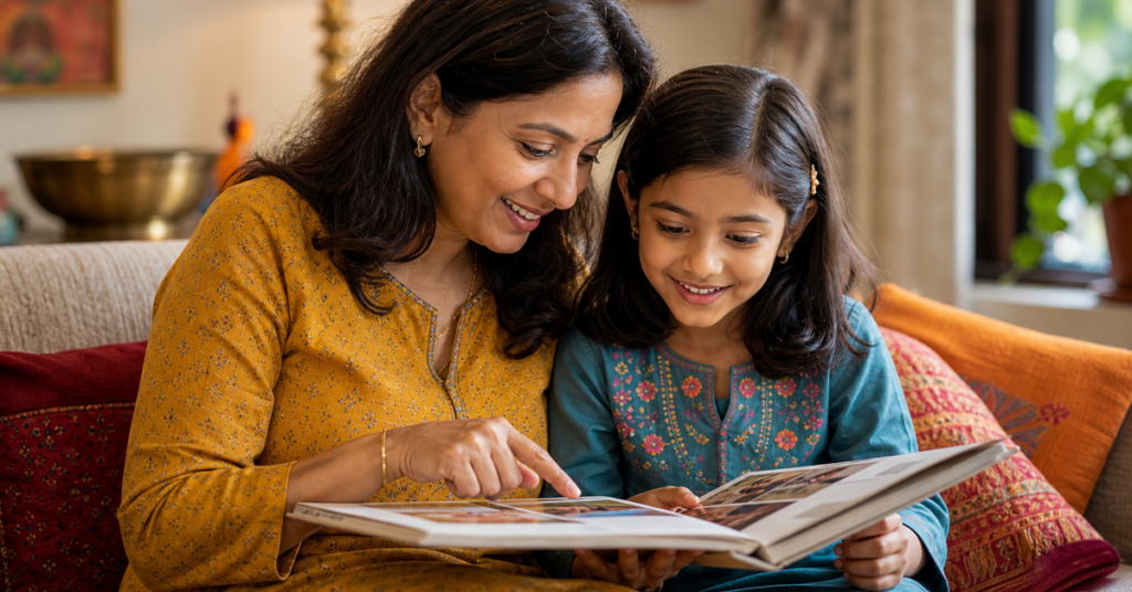 A caregiver and young child sharing a warm, engaged moment in a culturally rich home setting.