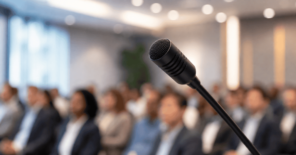 Microphone at a speech therapy conference with an attentive audience.