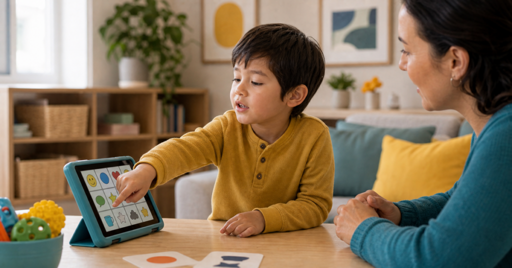 A young child engaged in a focused communication activity at a warm, well-lit table with a supportive adult nearby.