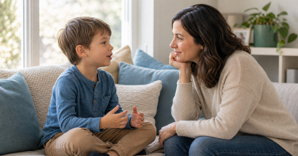 A parent kneeling to eye level, listening patiently as a young child speaks in a warm home setting.