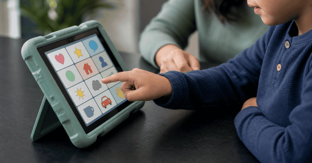 Child engaging with speech therapy app on tablet for language development.