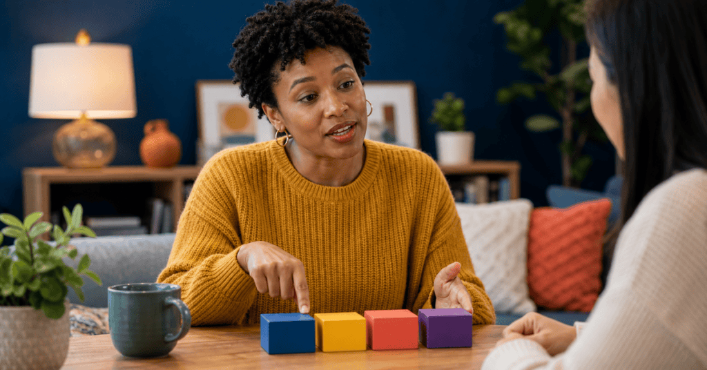 Speech therapy session with a young girl and therapist using colorful blocks for language developmen.