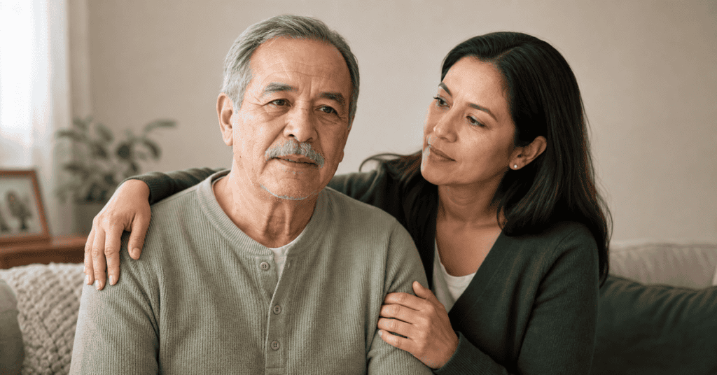 Elderly man receiving speech therapy support from caregiver at home.
