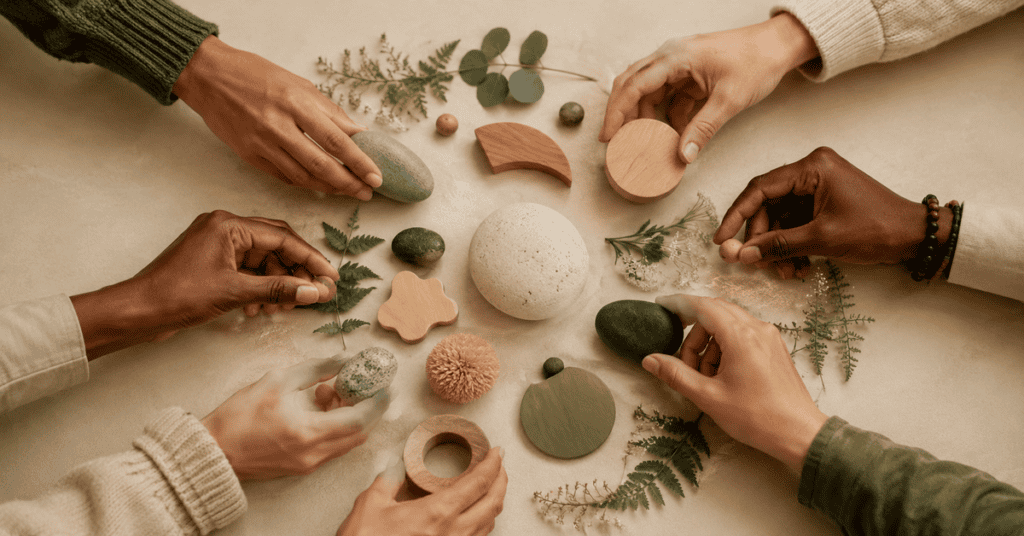 Therapists using natural objects and tools for speech and language therapy.