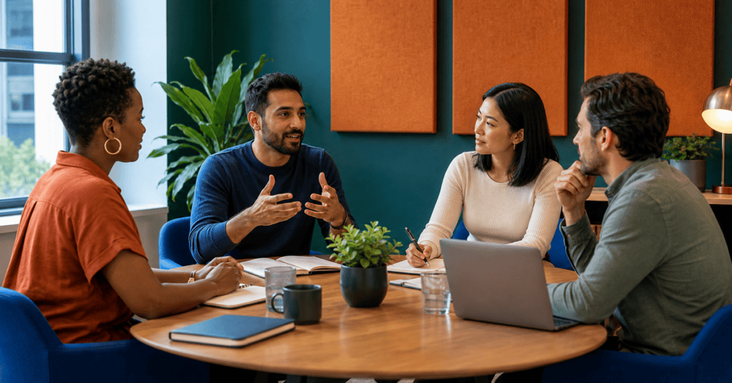Group of diverse adults discussing speech therapy strategies in a professional office.