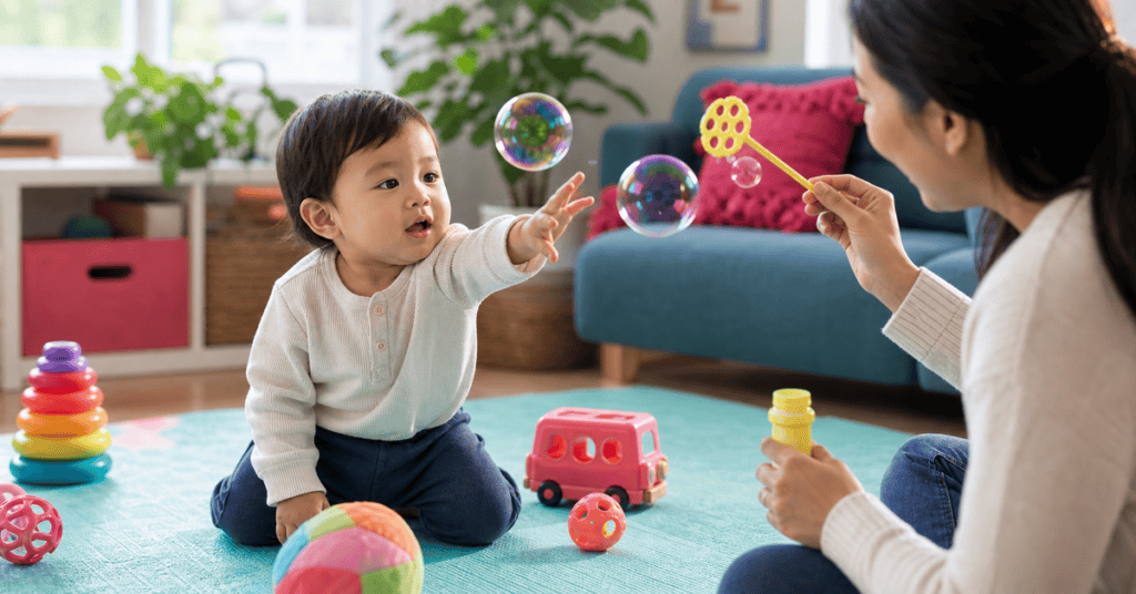 Young child receiving speech therapy with bubbles and therapist in a bright, welcoming clinic settin.