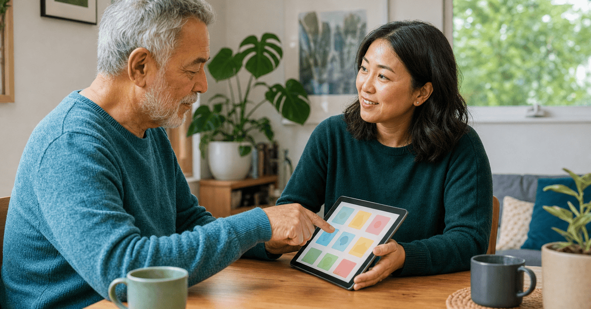 An adult client and speech-language pathologist in a supportive therapy session.