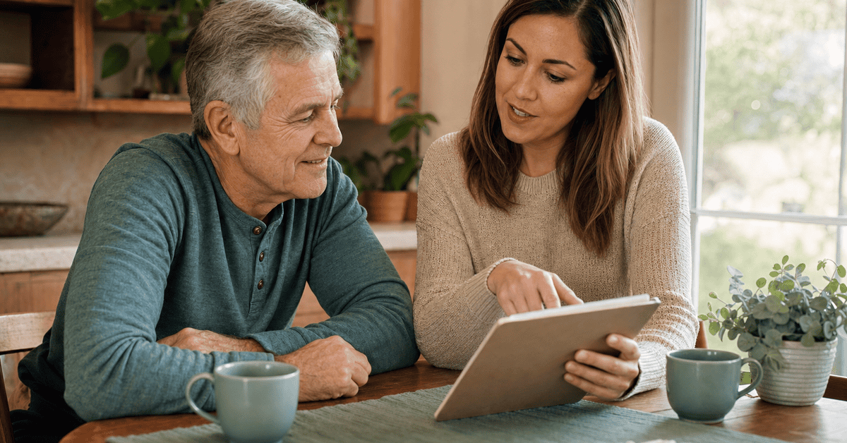A speech-language pathologist reviewing therapy goals with an adult client at a kitchen table.