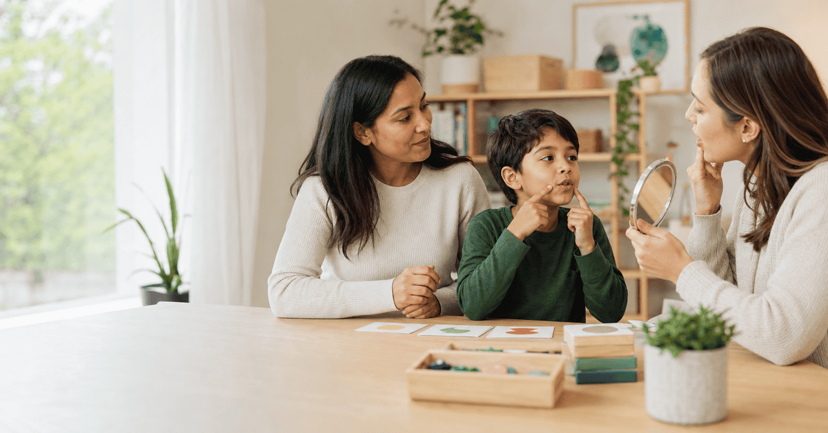 Child working on articulation therapy with a speech-language pathologist