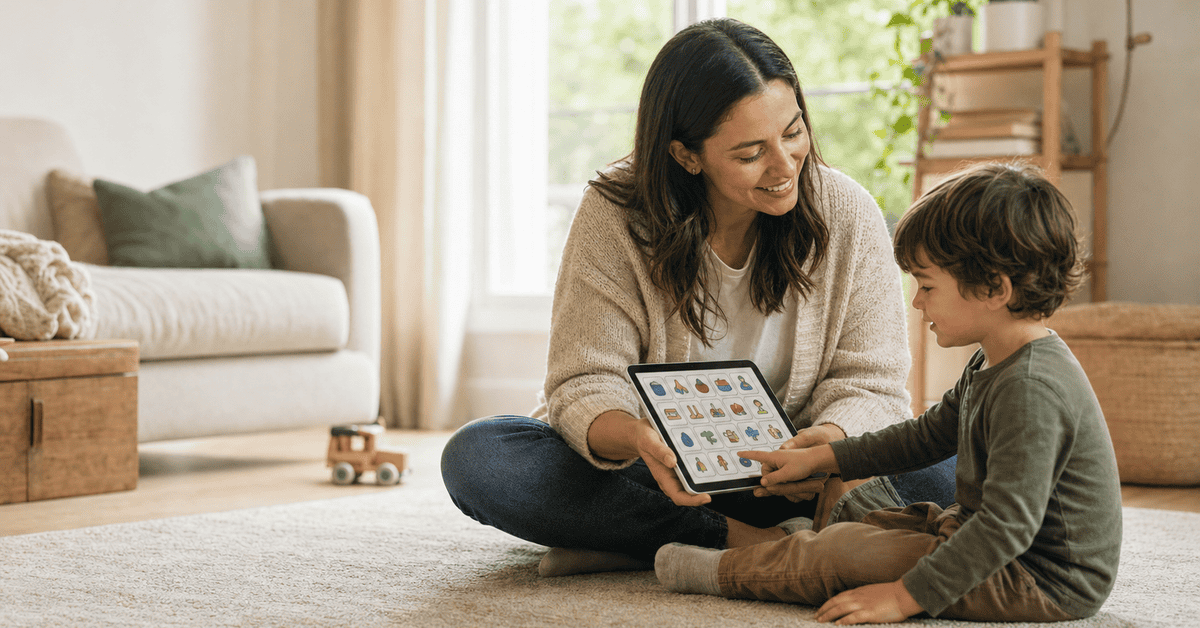 Autistic child in a home-based speech therapy session