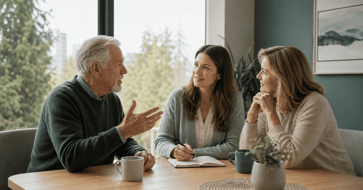 Adult client, family member, and speech-language pathologist in conversation