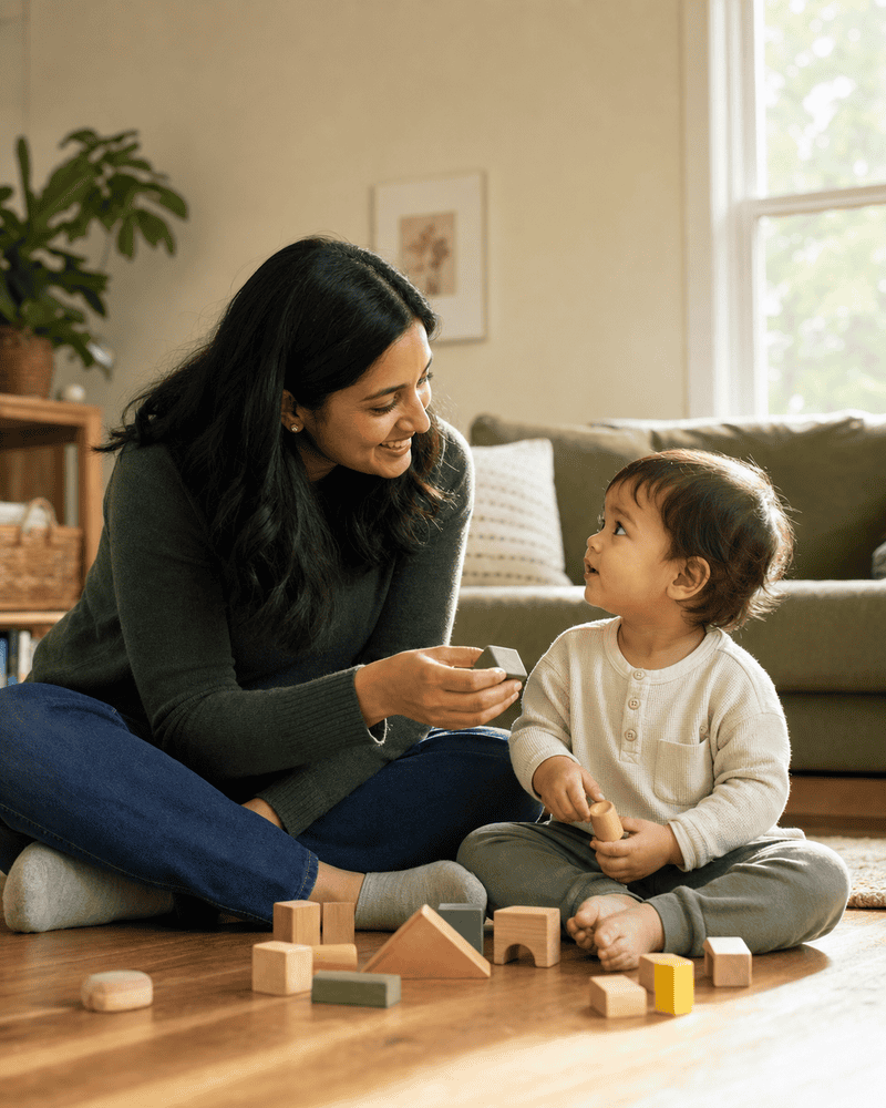 A speech-language pathologist sits on the floor engaging a toddler during a play-based therapy session at home