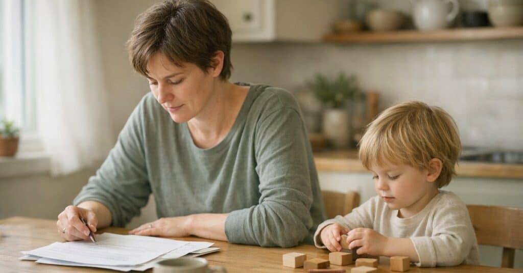 Child and therapist engaging in speech therapy activities at home.
